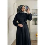 Modestim Kadın Siyah Saten Tesettür Abiye Elbise Uzun Kollu Kuşaklı Düğün Nişan Özel Gün Tesettür Elbise - S - M