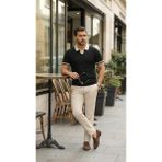 Modi Green Desenli Erkek Günlük Stil Renkli Yakalı File Kısa Kollu Tişört - Siyah - 2XL