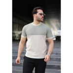 Modi Green Erkek Renk Bloklu Bisiklet Yaka Kısa Kollu Triko Tişört - Taş - 2XL