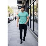 Modi Green Erkek Turkuvaz Bisiklet Yaka Slim Fit Dar Kesim Likralı Günlük Basic Body Tişört - Turkuaz - 2XL