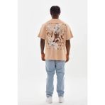 Modi Green Soft Dokulu Unisex Salaş Stil Bej Tonlu Oversize Bisiklet Yaka Tişört - XL