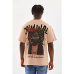 Modi Green Unisex Salaş Stil Soft Bej Dokulu Pamuklu Oversize Bisiklet Yaka Tişört