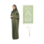 Modish Group Namaz Elbisesi Eşarp Seccade Tesbih Set, İslami Giyim Takım Ferace Turban Şal Haki