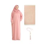 Modish Group Namaz Elbisesi Eşarp Seccade Tesbih Set, İslami Giyim Takım Ferace Turban Şal - Pudra