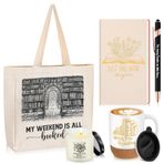 Moinchore 5'li Set Kitap Sevgili Hediye Okuyucu Kitap Kulübü Kanvas Tote Çanta Kitapçı Defter Kalem Seramik Kahve Kupası Mantar Alt Kokulu Mum Kitap Kurdu Öğretmen Kütüphaneci Takdir Hediyesi (Beyaz)