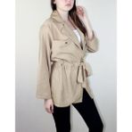 Mois Atelier Bej Keten Baharlık Cepli Kuşaklı Kadın Ceket Gömlek Tasarım Büyük Beden Tesettür - 3XL - 02S-Bej