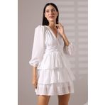 Mois Atelier Beyaz Ponpon Şifon Büzgülü Fırfırlı Mini Abiye Nikah Elbise Tasarım Hediye Büyük Beden