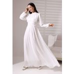 Mois Atelier Beyaz Şifon Balıkçı Yaka Büzgülü Uzun Abiye Nikah Elbise Tasarım Hediye Büyük Beden Tesettür