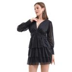 Mois Atelier Gri Simli Siyah Büzgülü Fırfırlı Mini Abiye Nikah Elbise Tasarım Hediye Büyük Beden