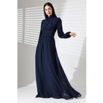 Mois Atelier Lacivert Şifon Balıkçı Yaka Büzgülü Uzun Abiye Nikah Elbise Tasarım Hediye Büyük Beden Tesettür