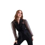 Mois Atelier Siyah Kuşaklı Organze Şifon Tül Kadın Ceket, Tasarım, Hediye, Büyük Beden, Tesettür - XS