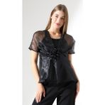 Mois Atelier Siyah Organze Pileli Gül Detaylı Kısa Kol Şifon Tül Gömlek Ceket Tasarım Hediye Büyük Beden - XL