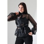Mois Atelier Siyah Organze Saten Yaka Çıt Çıt Düğme Kuşaklı Şifon Tül Gömlek Ceket Abiye Tasarım Büyük Beden