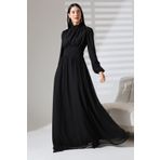 Mois Atelier Siyah Şifon Balıkçı Yaka Büzgülü Uzun Abiye Nikah Elbise Tasarım Hediye Büyük Beden Tesettür