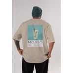 Mojito 4 Arka Baskılı Oversize T-Shirt Erkek Kadın Unisex %100 Pamuk Bisiklet Yaka Tişort - Bej - XL