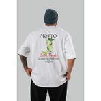 Mojıto Kokteyl Baskılı Oversize T-Shirt Erkek Kadın %100 Pamuk Bisiklet Yaka Tişort - Beyaz - XL