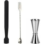 Mojito Tokmağı Siyah 20.7 cm Çatallı Kaşık 30 cm Jigger 2.5/5 cl Tokmak Bar Tokmağı Kokteyl Jigger