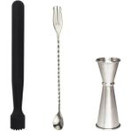 Mojito Tokmağı Siyah 20.7 cm Çatallı Kaşık 30 cm Jigger 3/6 cl Tokmak Bar Tokmağı Kokteyl Jigger