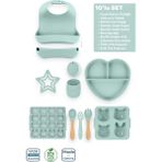 Moki Silikon 10'lu Set Spring Yeşil / Mama Önlüğü, Mama Tabağı, Bandırma Kaşığı, Bambu Saplı Kaşık ve Çatal, Mini Bardak, Muffin Kalıbı, Çikolata-Buz Kalıbı, Yıldız Diş Kaşıyıcı, Kuki Diş Kaşıyıcı