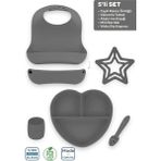 Moki Silikon 5’li Set Platinium Gri / Mama Önlüğü, Mama Tabağı, Bandırma Kaşığı, Mini Bardak, Diş Kaşıyıcı