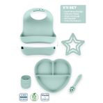Moki Silikon 5'Li Set Spring Yeşil / Mama Önlüğü, Mama Tabağı, Bandırma Kaşığı, Mini Bardak, Diş Kaşıyıcı