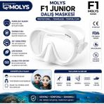 Molys F1 Junıor Profesyonel Dalış Maskesi, Temperli Cam, Likid Silikon - Beyaz
