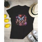 Mom Baskılı Çiçek Ve Kelebek Tasarımlı Siyah Kadın Tişört Anneler İçin Özel Tasarım