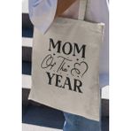 Mom Of The Year Baskılı Anneler Günü Hediyelik Bej %100 Pamuklu Ham Bez Bej Çanta