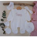 Momand Design Kız Bebek Hastane Çıkışı Isimli Müslin Tulum Seti - 001 Kırık Beyaz - 0 - 1 Ay