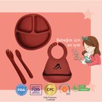 "Momia Bebek Silikon Beslenme Mama Seti - Sağlıklı ve Renkli!" set 6 - bebek mama tabağı , bebek mama önlüğü , bebek kaşık çatal - Kırmızı