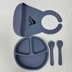"Momia Bebek Silikon Beslenme Mama Seti - Sağlıklı ve Renkli!" set 6 - bebek mama tabağı , bebek mama önlüğü , bebek kaşık çatal - Mavi