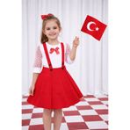 Momivi Kids Kız Çocuk Kırmızı Jile Etek ve Puantiyeli Tül Kollu Tişört Takımı 19 Mayıs ve Bayram Kombini