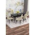 Mona Siyah Mermer 80X132 Açılabilir Mdf Masa Yemek Odası Takımı, Mutfak Takımı 6 Adet Sandalye - Krem