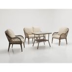 Monalin Home Garden Alaçatı Kahverengi 4 Kişilik(2-1-1-Masa) Rattan Örgü Bahçe & Balkon & Teras Oturma Grubu Minderli & Camlı & Masalı Takım - Kahveregi