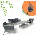 Monalin Home Garden Loft 5 Kişilik(3-1-1-Masa) Rattan El Örgüsü Bahçe & Balkon & Teras Oturma Grubu + Sofya Classic Rattan El Örgüsü Salıncak - Antrasit - Gri