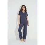 Monamise 18484 Lacivert Dantelli Kısa Kollu V Yakalı Kadın Pijama Takımı