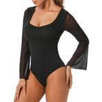 Monbessi Çıtçıtlı Kadın Bodysuit Örgü Uzun Kollu Bayan Body Suit U-Boyun Tüm Mevsimler İçin Bodysuits, siyah, M