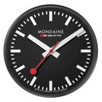 Mondaine Duvar saati A990.Clock.64SBB 25 cm - tren istasyonu saati siyah alüminyum kırmızı saniye ibreli toz geçirmez, Schwarz, Minimalist