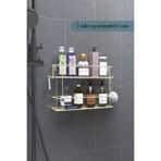 moniev 2 Katlı Metal Banyo Düzenleyici Şampuanlık Baharatlık Duvara Monte Kancalı Çok Amaçlı Raf Bej