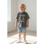 Monila Erkek Çocuk Pamuklu Bisiklet Yaka Baskılı T-Shirt - Antrasit - 11 -12 Yaş