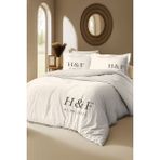 Monohome Kişiye Özel %100 Pamuk Nevresim Takımı – Baş Harf & Evlilik Tarih Tasarımlı - Krem - Gri - 200 x 220 cm