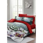 MONOHOME Yılbaşı Nevresim Takımı Çift Kişilik Snow House Desenli Lastikli Çarşaflı, MONOHOME41007