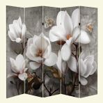 MonoStella Beyaz Çiçekli 5 Kanatlı Oda Bölücü Çift Taraflı Kanvas Paravan - 200 x 180 cm - Renkli
