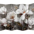 MonoStella Beyaz Çiçekli 6 Kanatlı Oda Bölücü Çift Taraflı Kanvas Paravan - 240 x 180 cm - Renkli