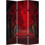 MonoStella Kırmızı Ağaçlı Orman Yolu 3 Kanatlı Oda Bölücü Çift Taraflı Kanvas Paravan - 120 x 180 cm - Renkli