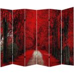 MonoStella Kırmızı Ağaçlı Orman Yolu 6 Kanatlı Oda Bölücü Çift Taraflı Kanvas Paravan - 240 x 180 cm - Renkli