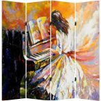 MonoStella Piyano Çalan Kızl 4 Kanatlı Oda Bölücü Çift Taraflı Kanvas Paravan - 160 x 180 cm - Renkli