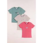 Monox 5-12 Yaş Kız Çocuk 3\'lü Nakışlı Fitilli Tshirt Likralı Esnek Yazlık Body Set - Bej - 9 - 10 Yaş