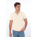 Monox Erkek Polo Yaka Fermuarlı Çizgili Spor Yazlık Triko Tişort Bej 2XL