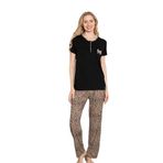 Monox Kadın Leopar Baskı Kısa Kol Uzun Alt Pijama Takımı, Siyah, 2XL